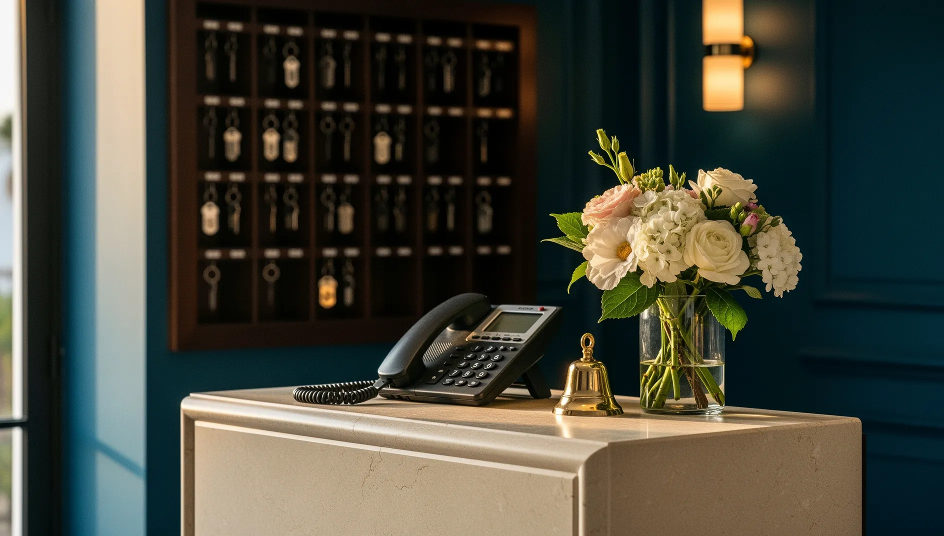 Recepción tipo hotel con teléfono, flores y armario de llaves