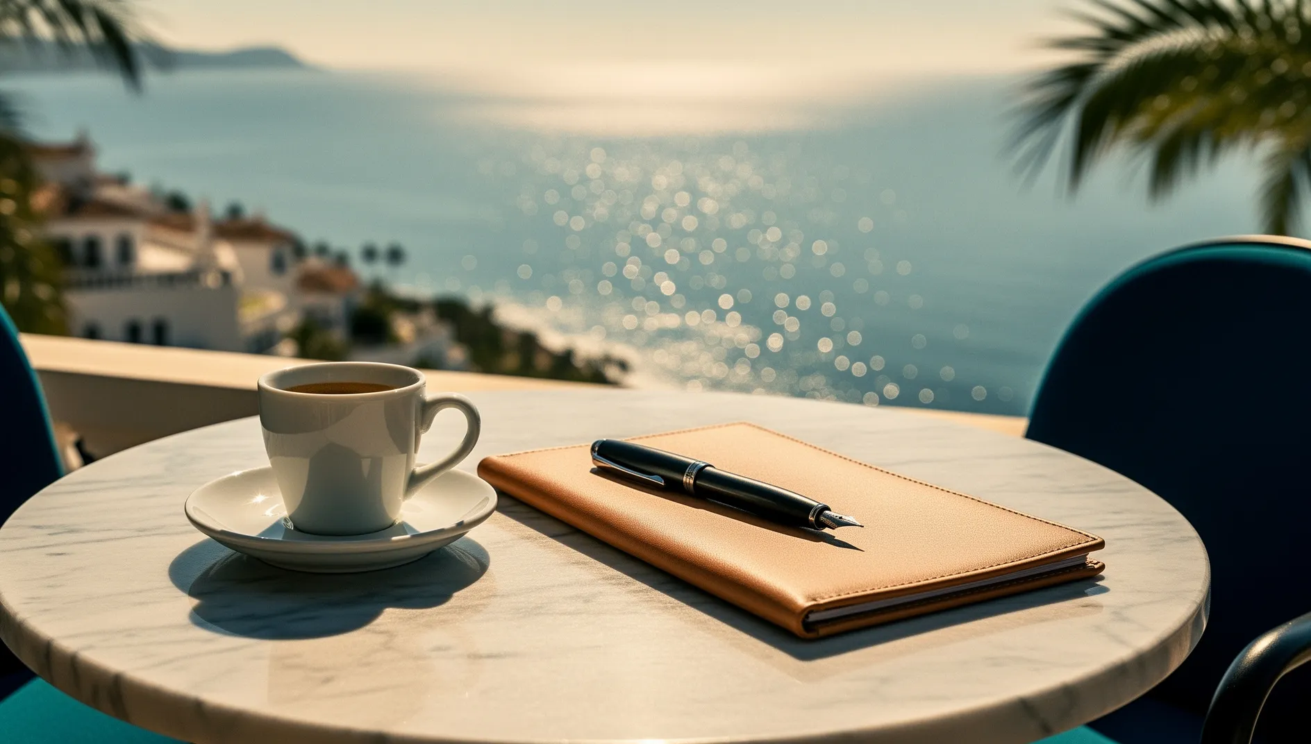 Mesa de terraza en Marbella con un café y una carpeta de piel