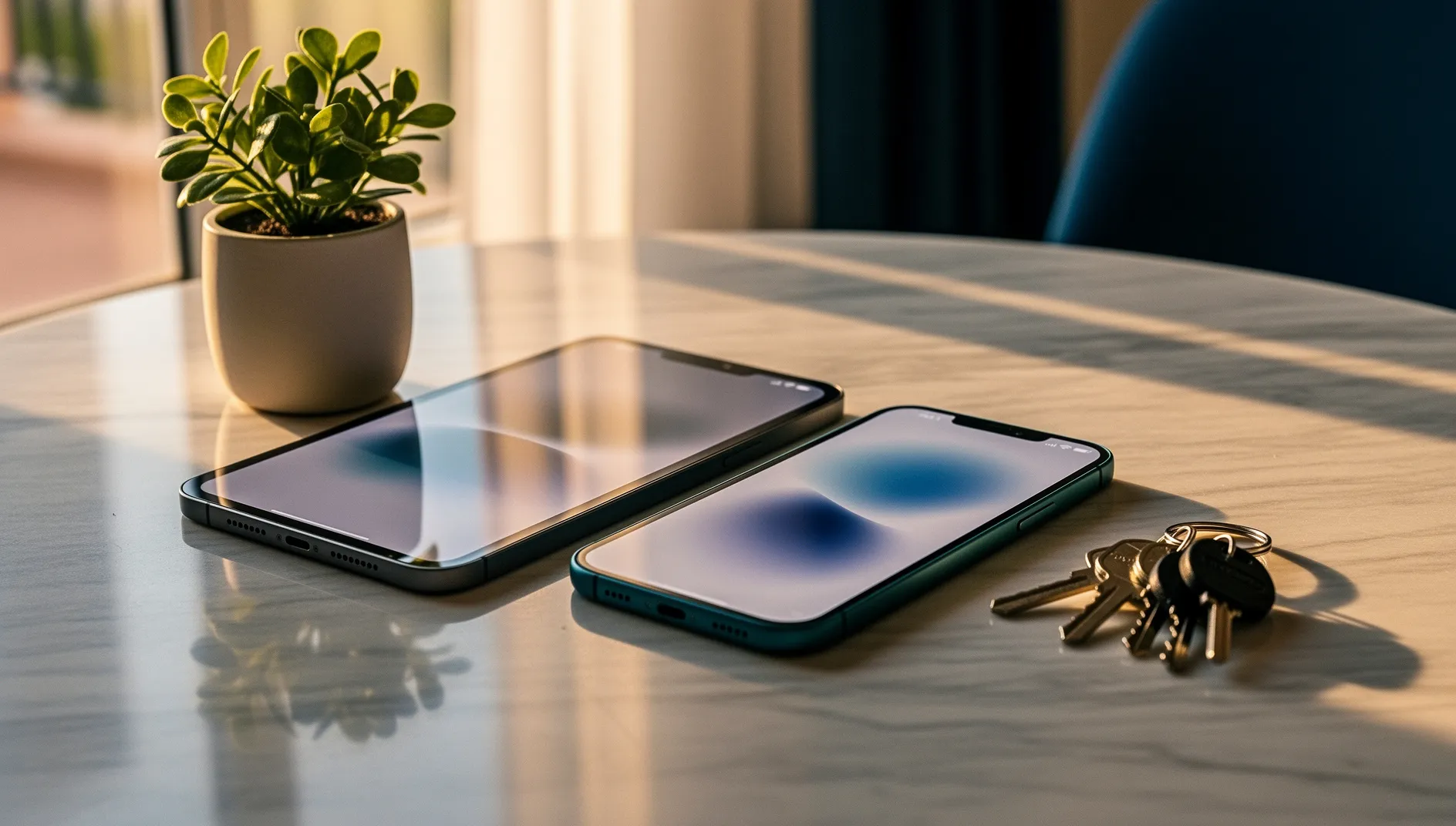 Tablet y móvil sobre una mesa de mármol con las llaves de un apartamento