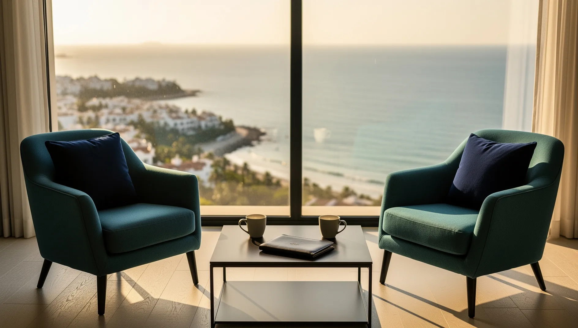 Dos sillones junto a una ventana con vistas al mar en Marbella