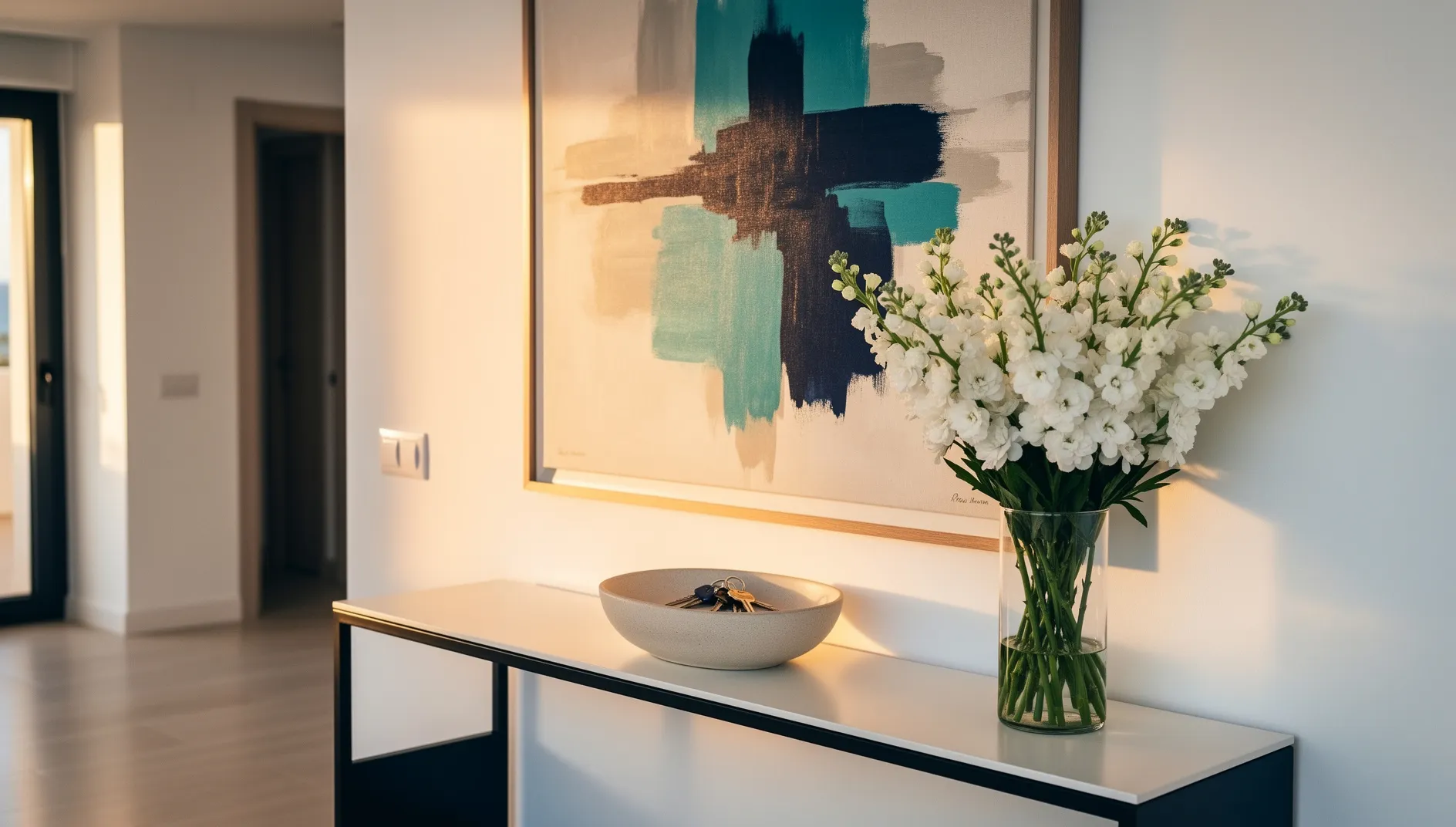 Recibidor de un apartamento en Marbella con flores y llaves