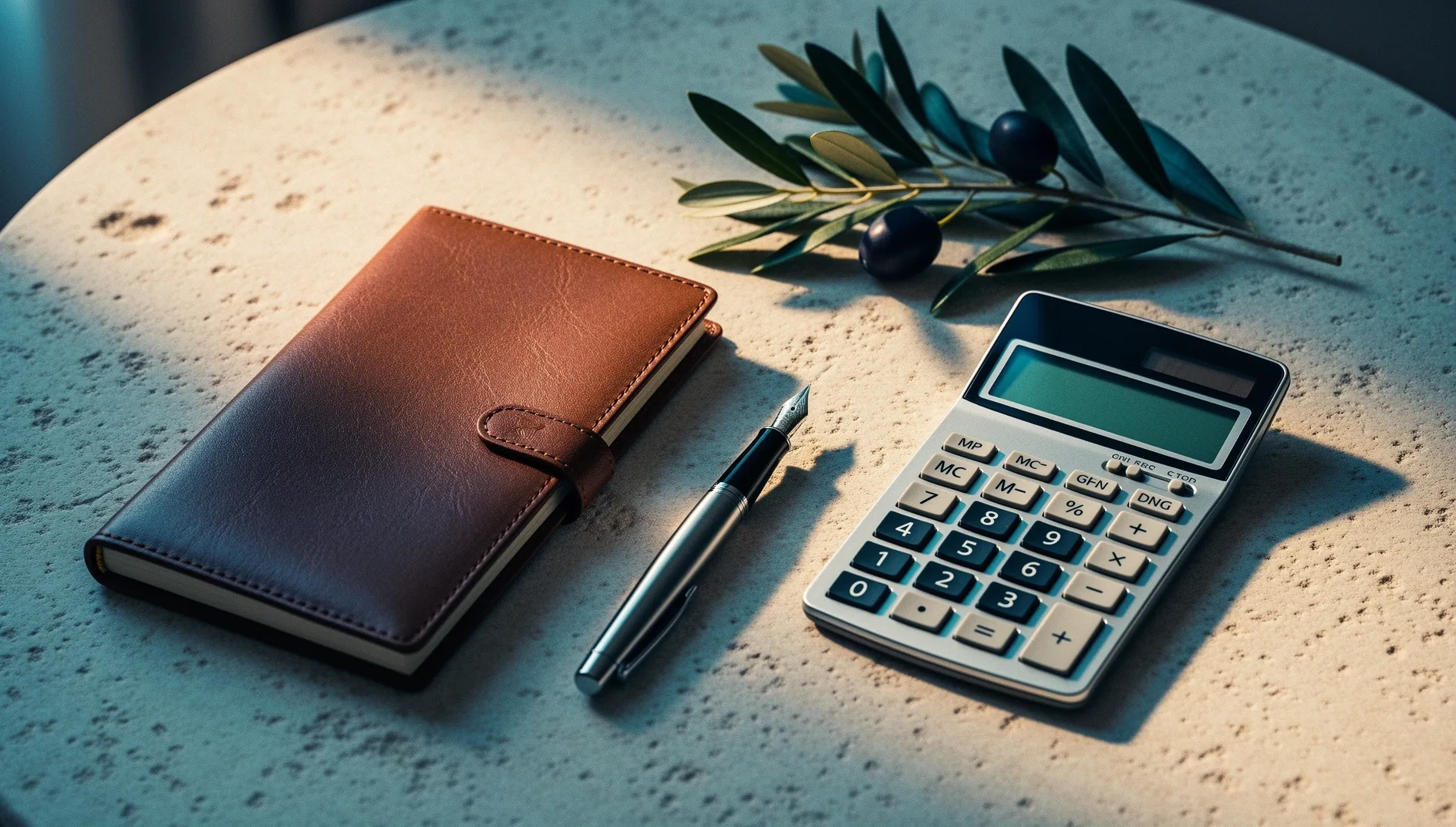 Calculadora, libreta y pluma sobre una mesa de piedra