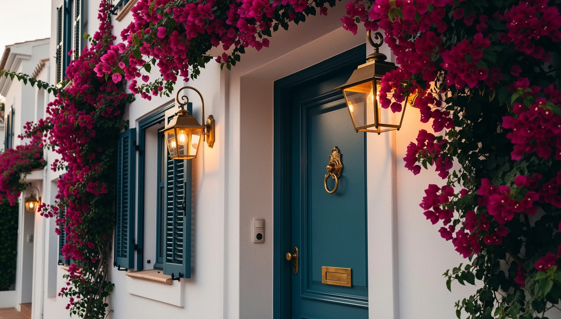 Fachada de una casa andaluza en Marbella con buganvilla