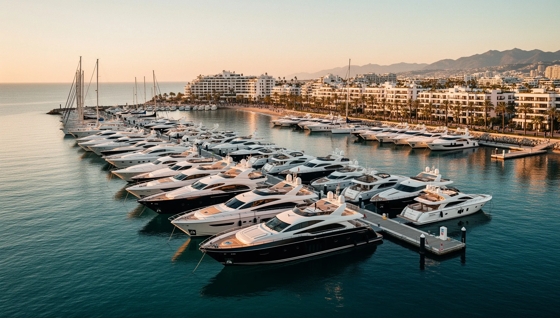 Vista del puerto deportivo de Puerto Banús con yates al atardecer