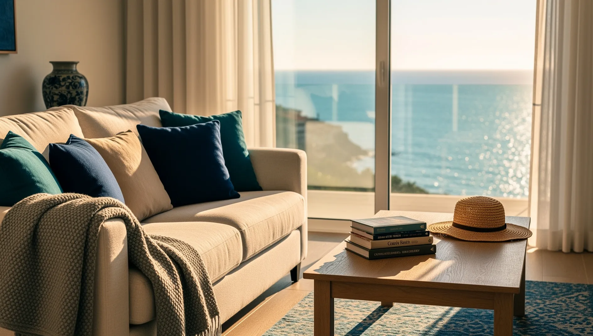 Salón de un apartamento en Marbella preparado para una familia, con vistas al mar
