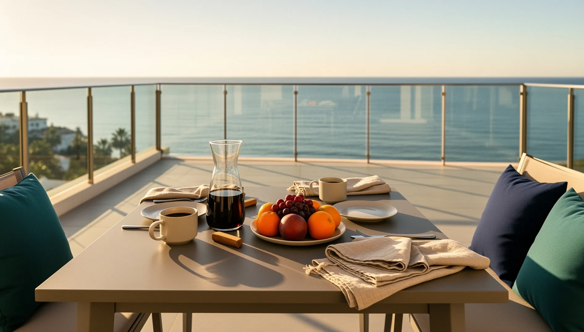 Terraza de un apartamento en Marbella con desayuno y vistas al mar