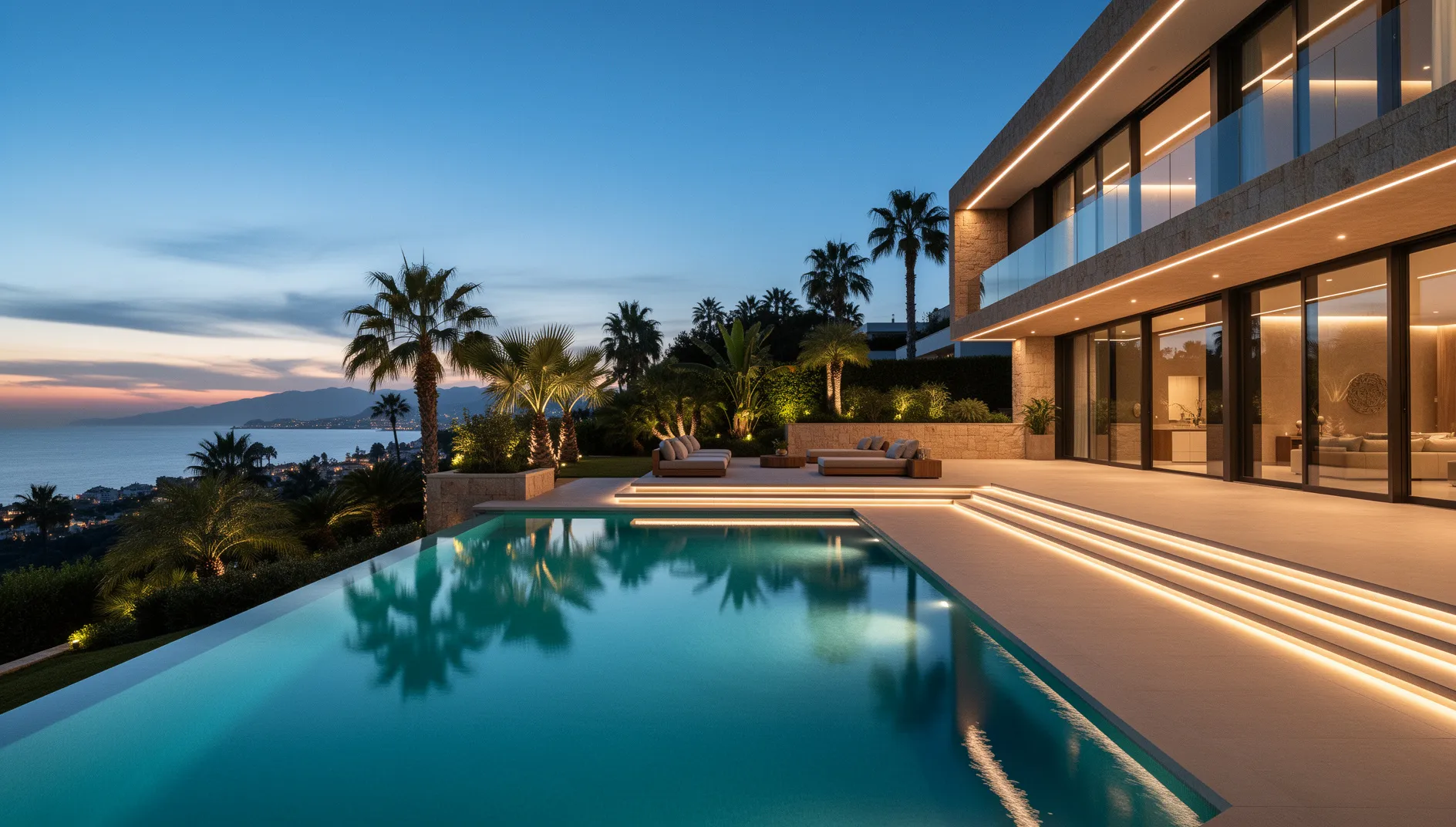 Villa de lujo en Marbella con piscina infinita al anochecer